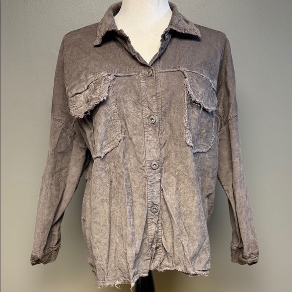 Venti6 Made in Italy Distressed Button Shirt Taupe L Raw Edge Cotton